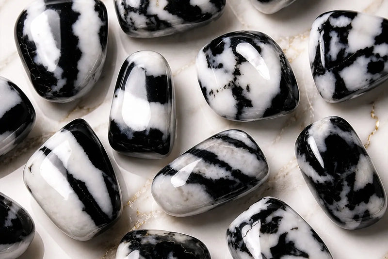 Polished black-and-white stones with contrasting bands and patches