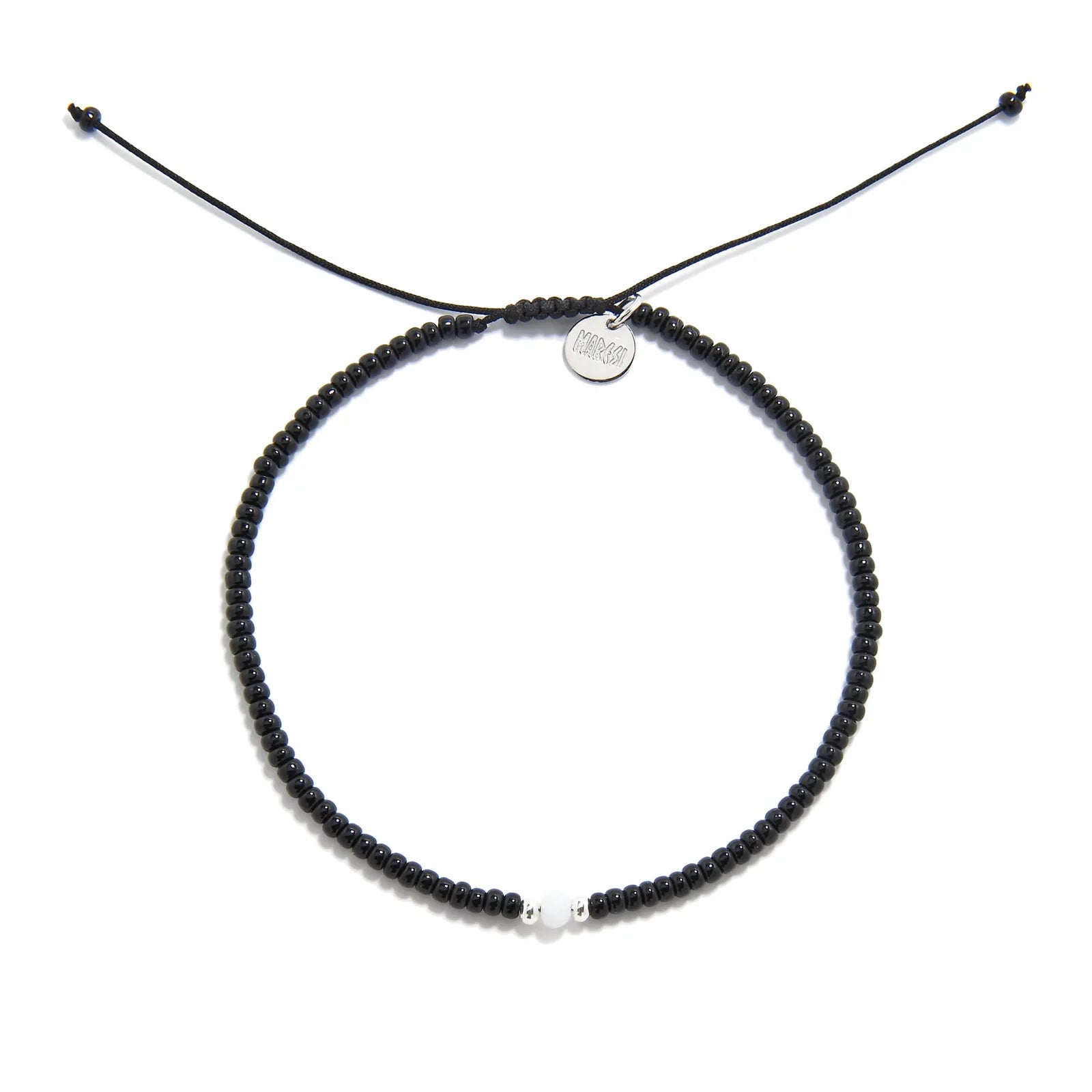 Bead Bracelet Black shown from above with black seed beads with white accent beads and round bracelet shape