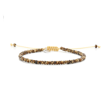 Bead Bracelets for Men shown in full view with brown Picasso seed beads with cream cord and adjustable cord