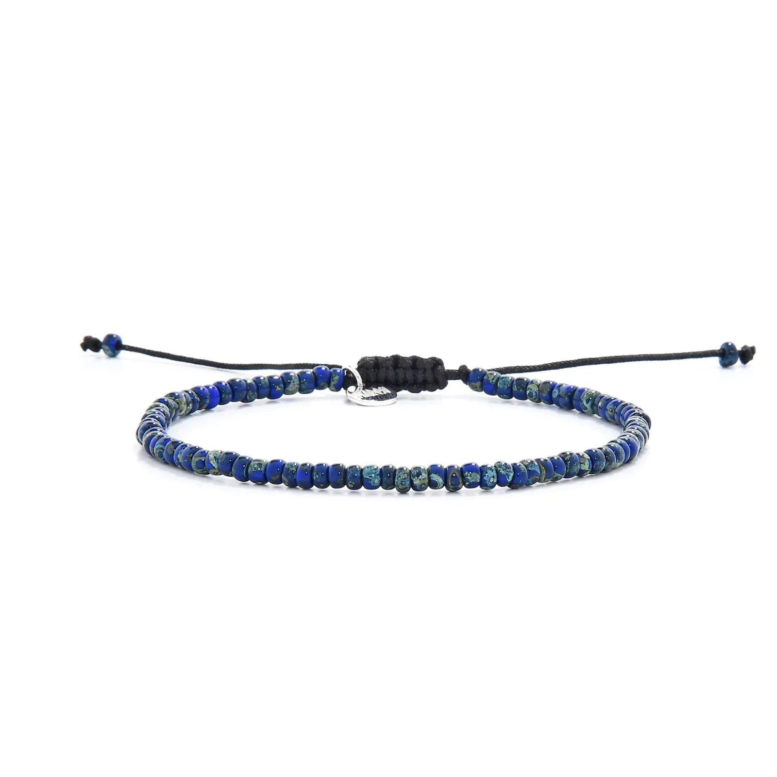 Beaded Bracelets for Men shown in full view with blue Picasso seed beads with black cord and adjustable cord