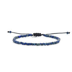 Beaded Bracelets for Men shown in full view with blue Picasso seed beads with black cord and adjustable cord