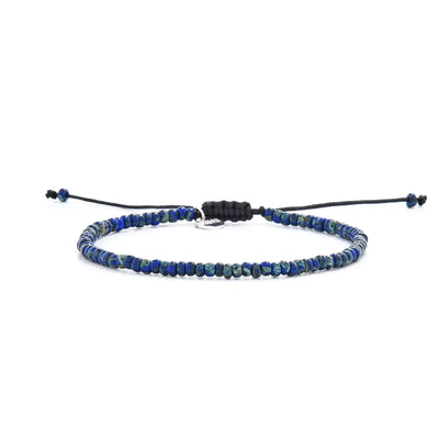 Beaded Bracelets for Men shown in full view with blue Picasso seed beads with black cord and adjustable cord
