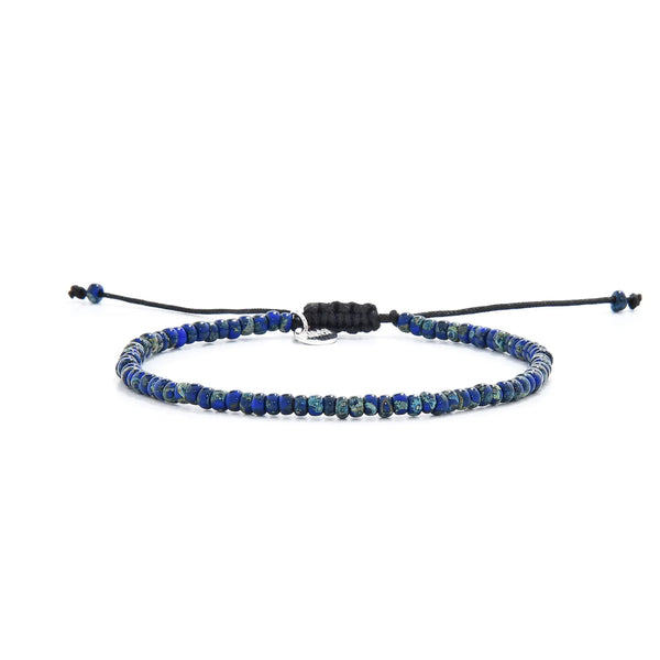 Beaded Bracelets for Men shown in full view with blue Picasso seed beads with black cord and adjustable cord