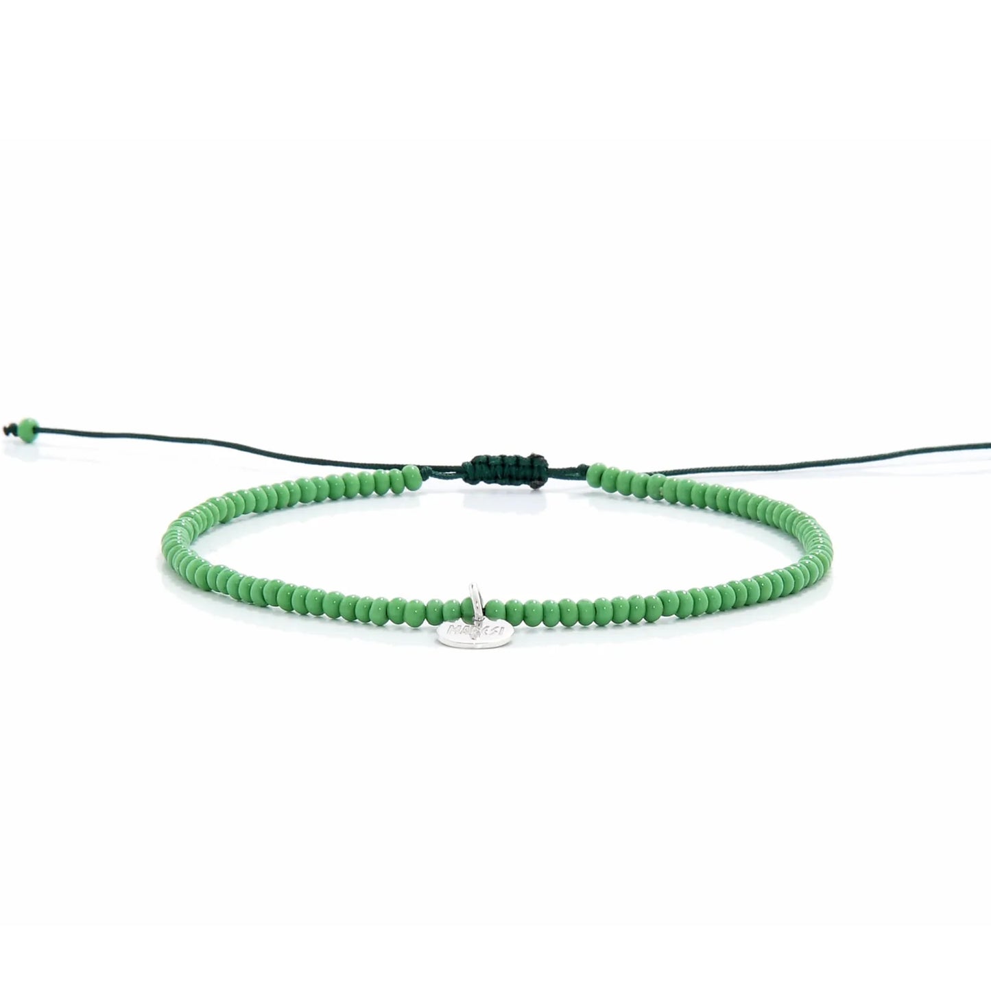 Beaded Stretch Bracelets shown in full view with green seed beads with dark green cord and adjustable cord