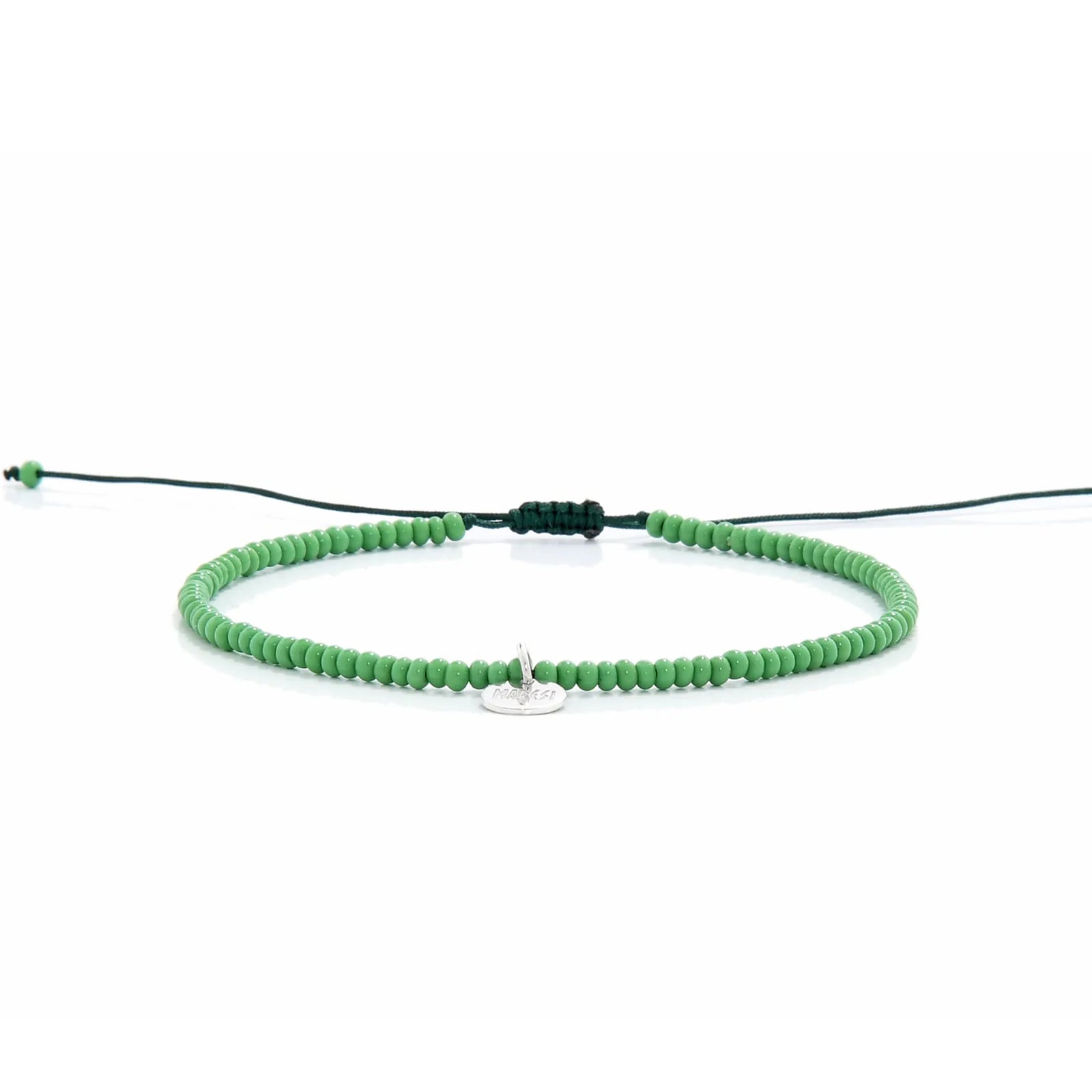 Beaded Stretch Bracelets shown in full view with green seed beads with dark green cord and adjustable cord
