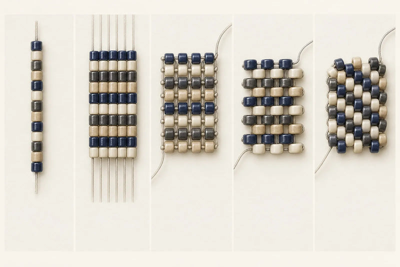 Beading patterns comparison showing stringing, loom weaving, square stitch, brick stitch, and peyote samples.