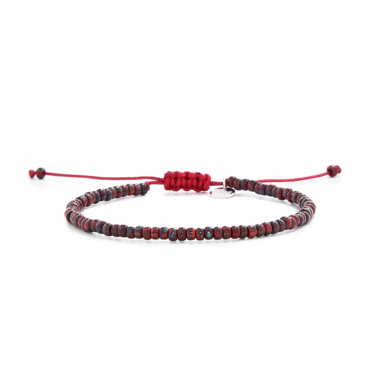 Beads Bracelets shown in full view with red Picasso seed beads with red cord and adjustable cord