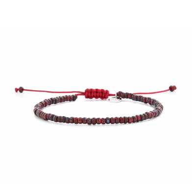 Beads Bracelets shown in full view with red Picasso seed beads with red cord and adjustable cord