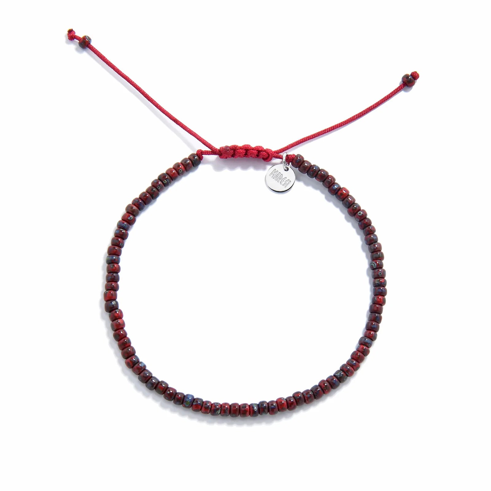 Beads Bracelets shown from above with red Picasso seed beads with red cord and round bracelet shape