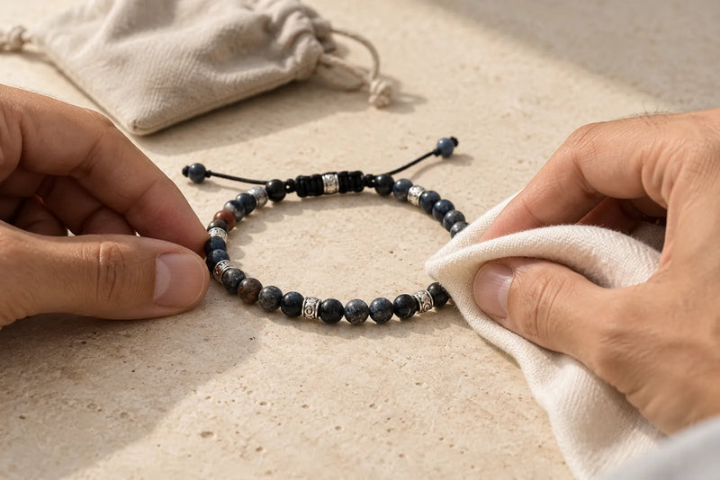 Black jasper bracelet care illustration showing hands wiping dark beads with a soft, dry cloth.
