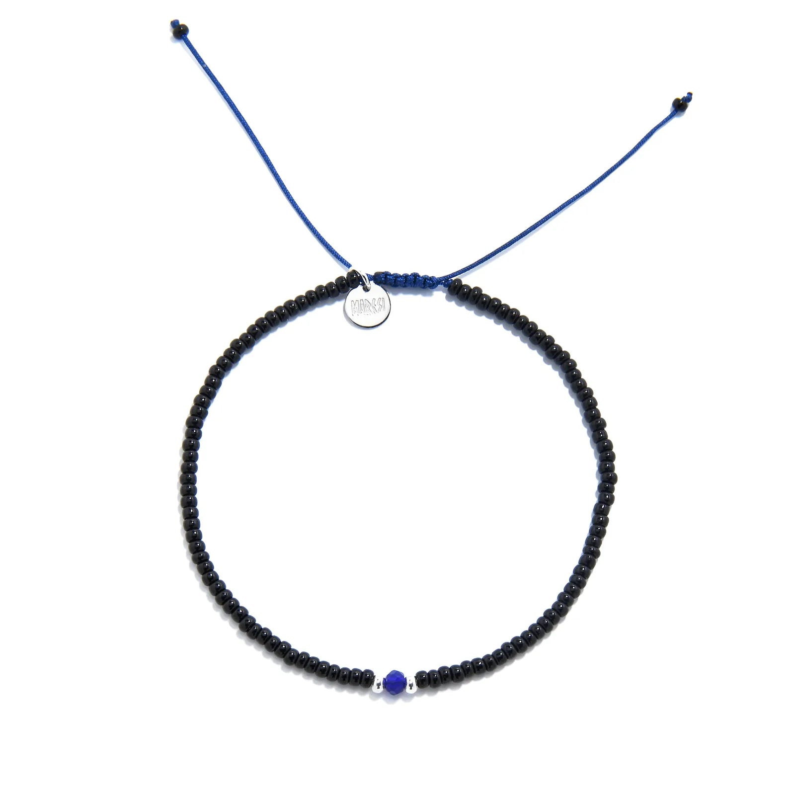 black and blue bead bracelet shown from above with black seed beads with blue accent beads and round bracelet shape