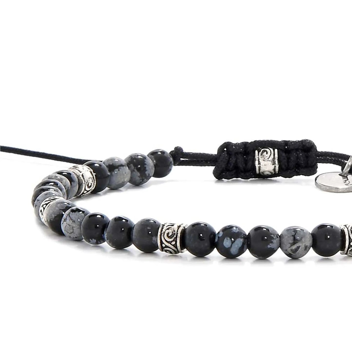 black and silver bracelet with polished black jasper beads and silver accents on a black cord.