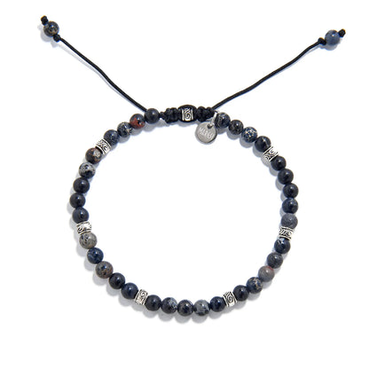 black jasper bracelet adjustable with cord closure and metal charm