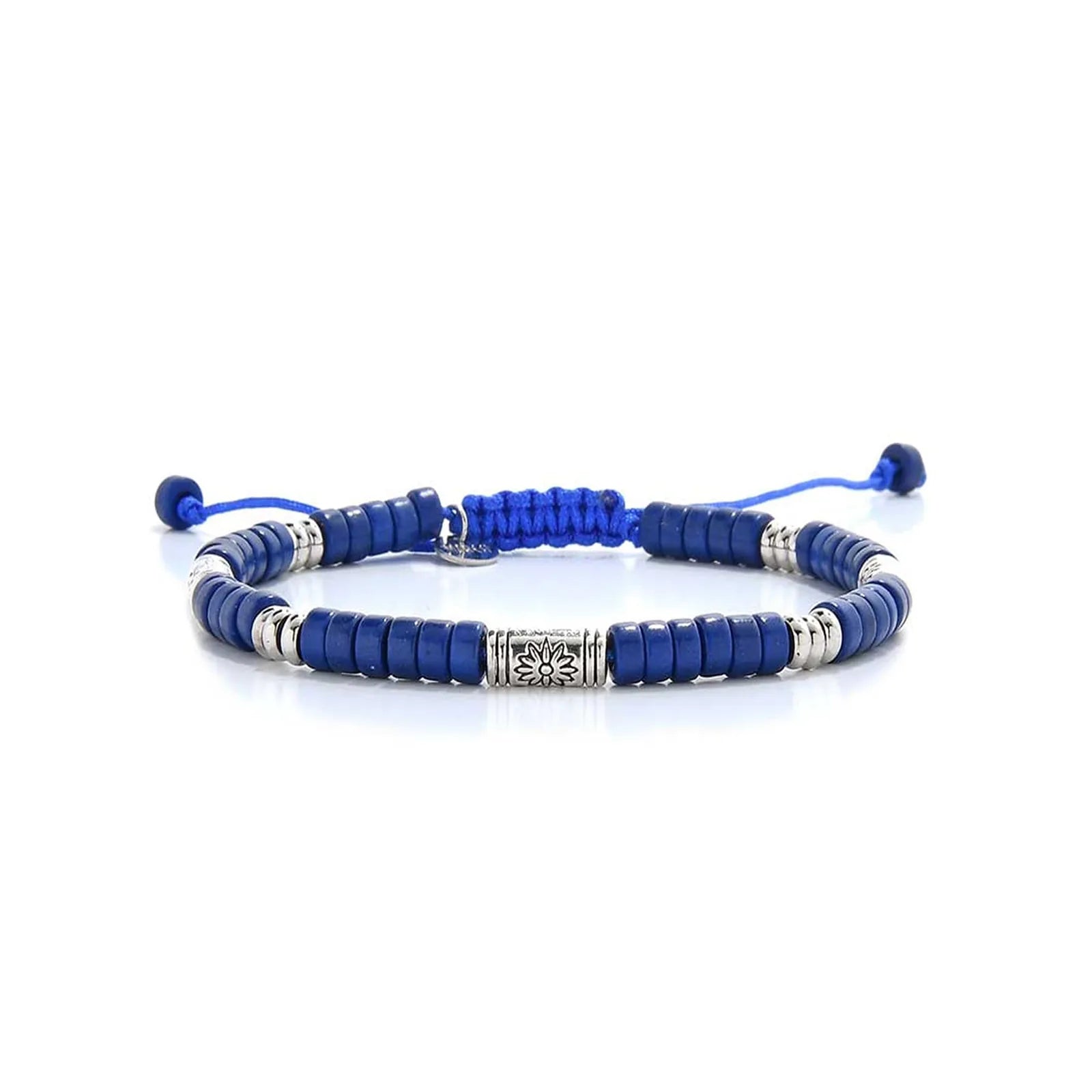 Blue Beads shown in full view with blue clay beads with engraved silver spacers and adjustable cord