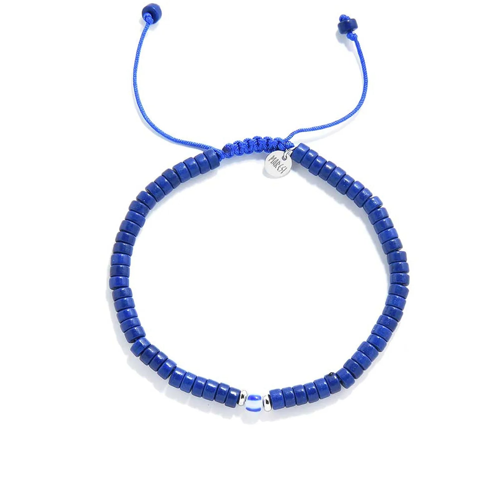Blue Gemstone Jewelry shown from above with blue clay beads with blue accent bead and round bracelet shape