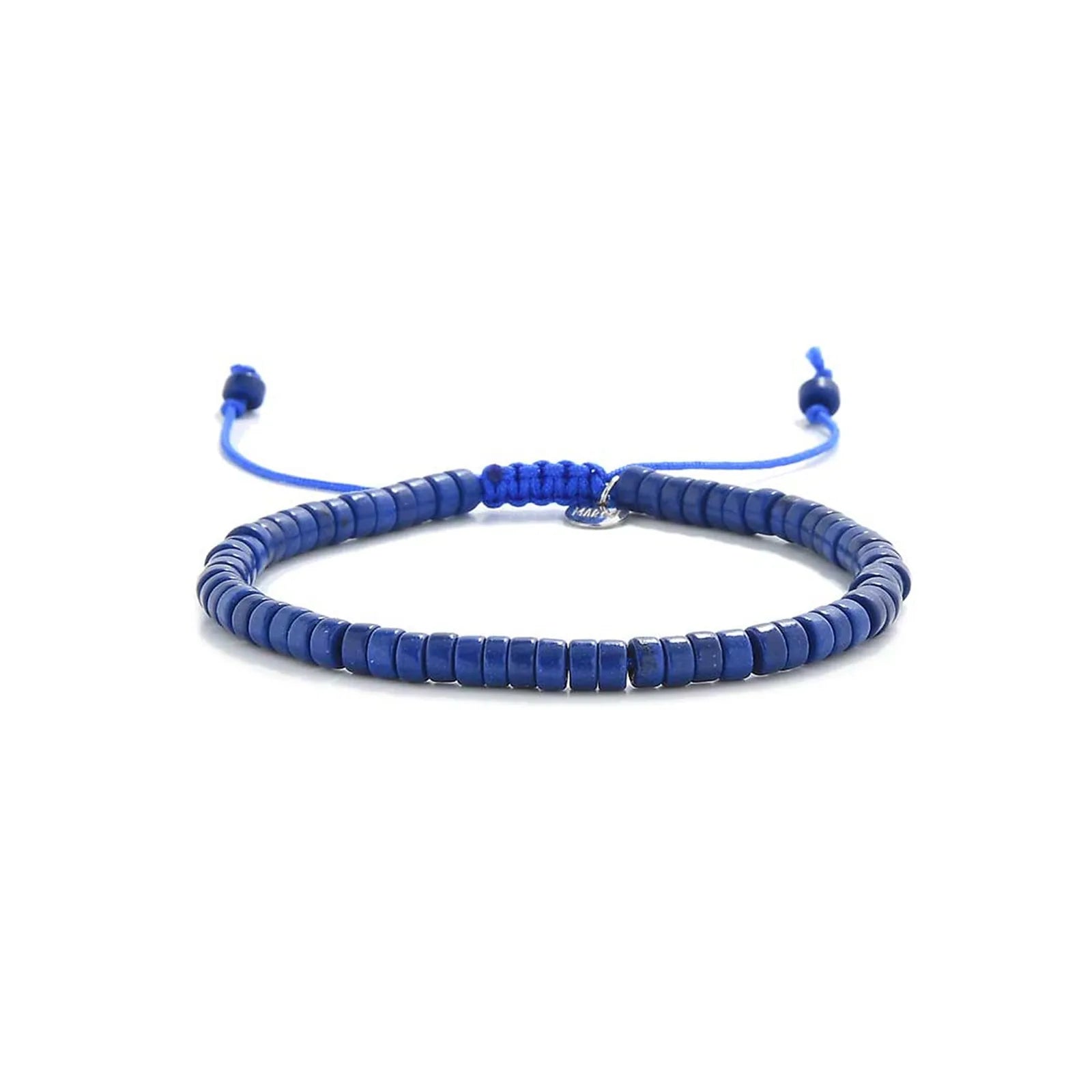 Blue Stone Bracelet shown in full view with blue clay beads with silver charm and adjustable cord