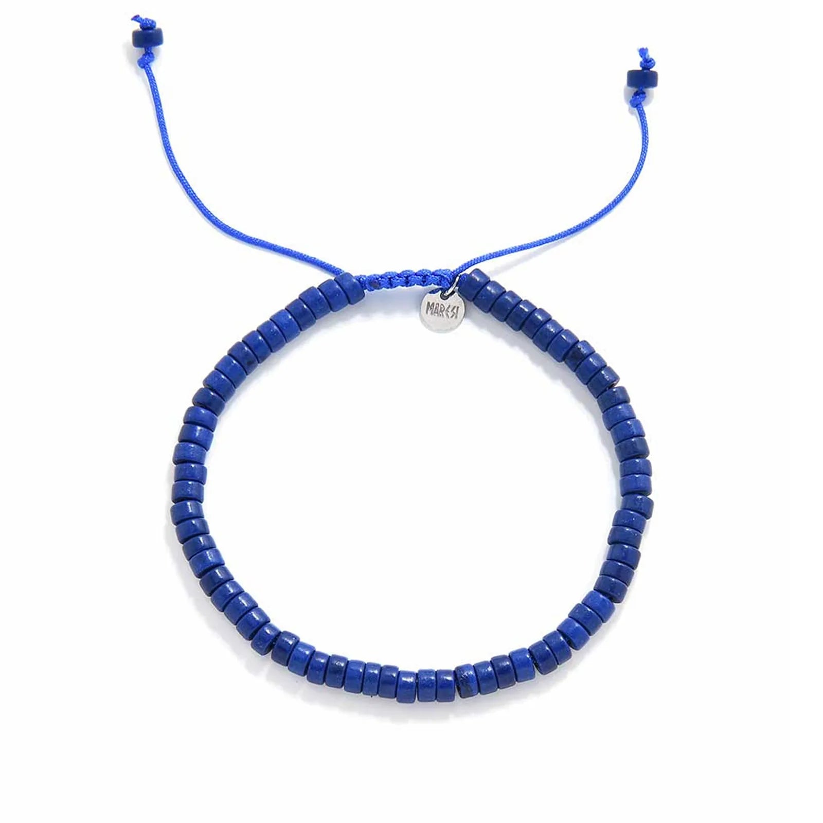 Blue Stone Bracelet shown from above with blue clay beads with silver charm and round bracelet shape