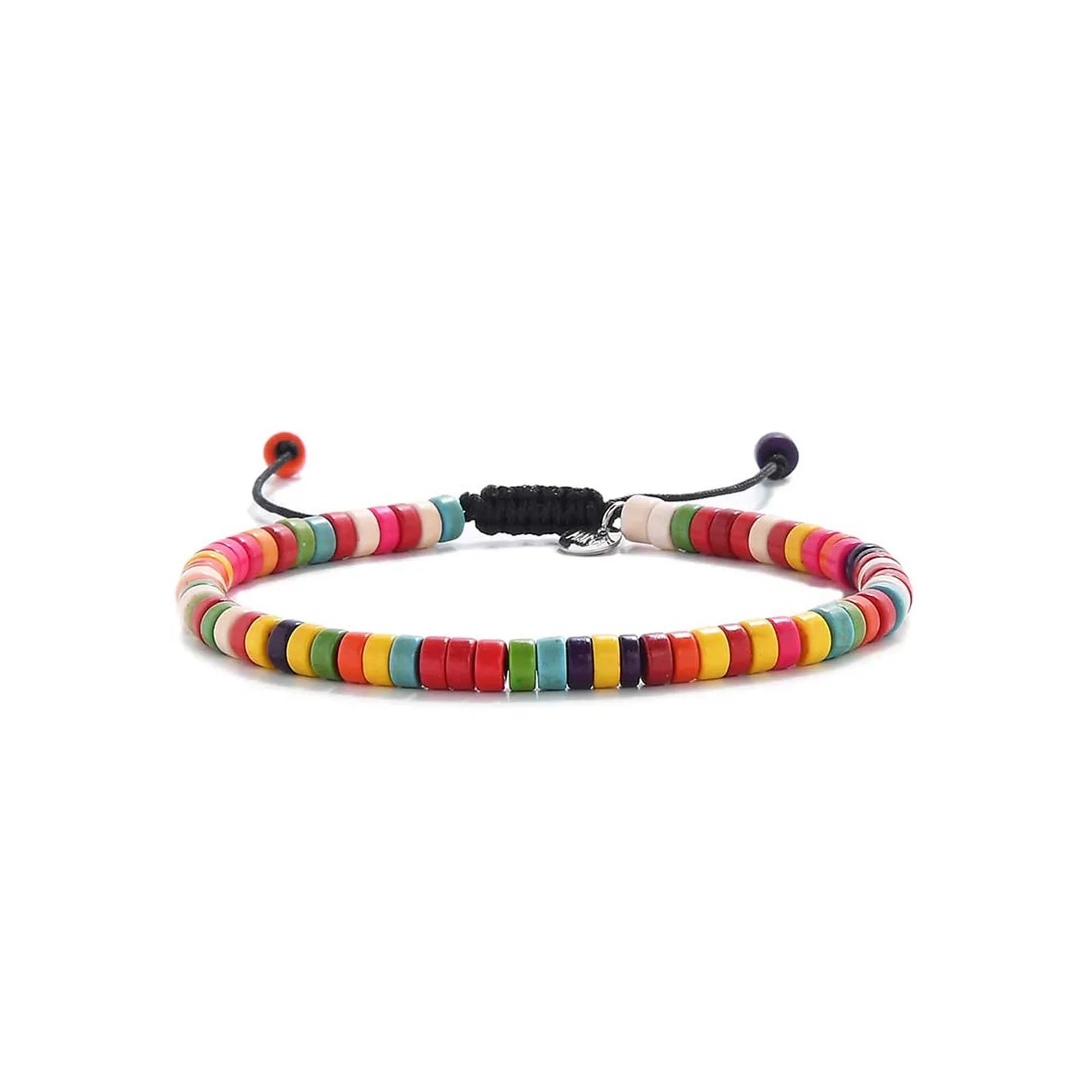 Bracelet Colorful Beads shown in full view with multicolor clay beads with black cord and adjustable cord