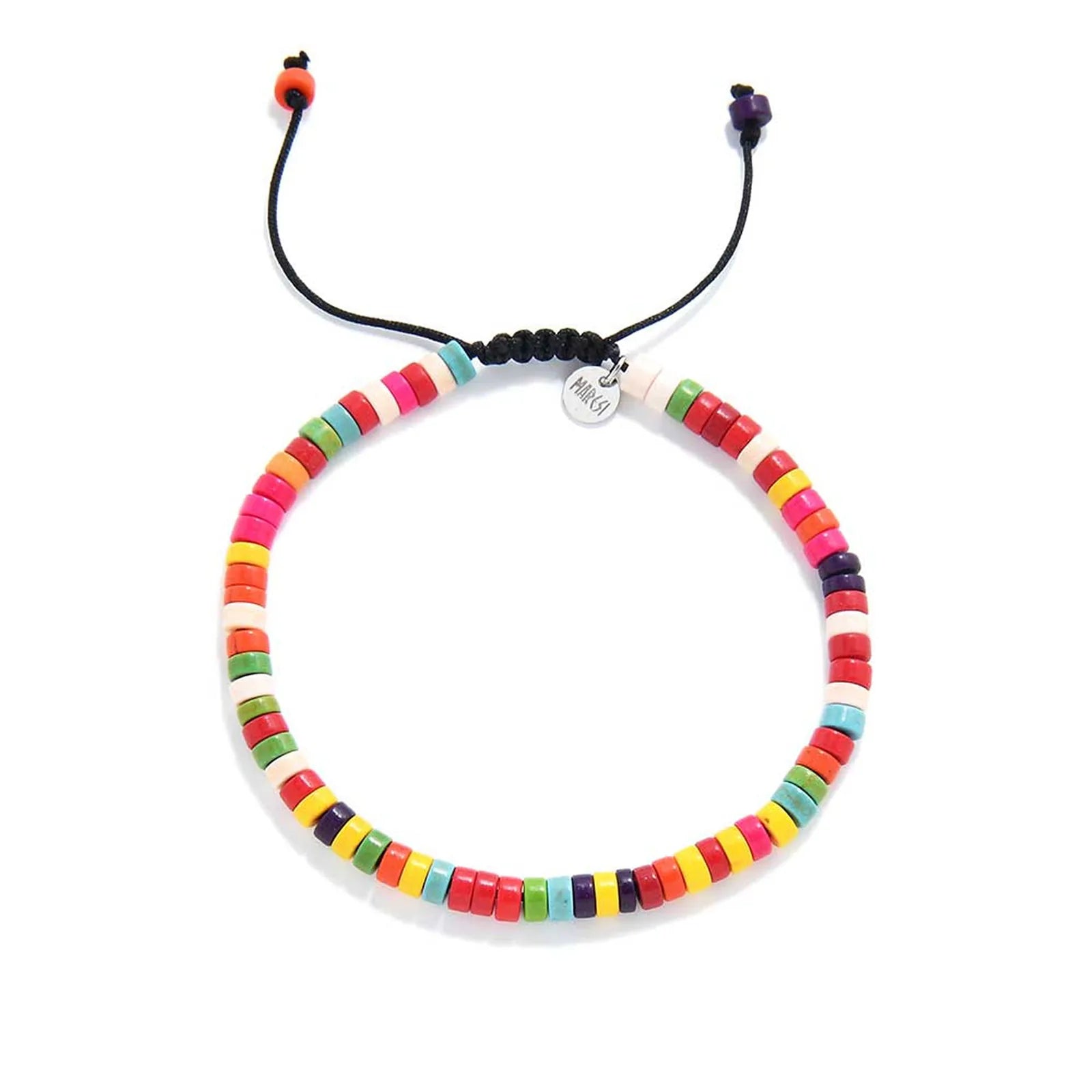 Bracelet Colorful Beads shown from above with multicolor clay beads with black cord and round bracelet shape