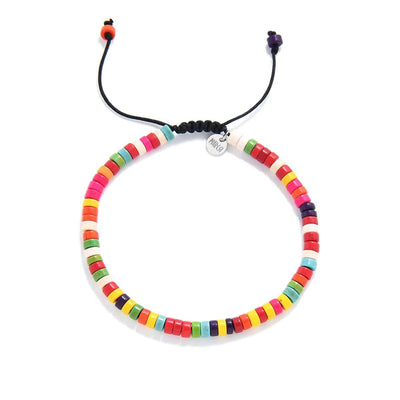 Bracelet Colorful Beads shown from above with multicolor clay beads with black cord and round bracelet shape