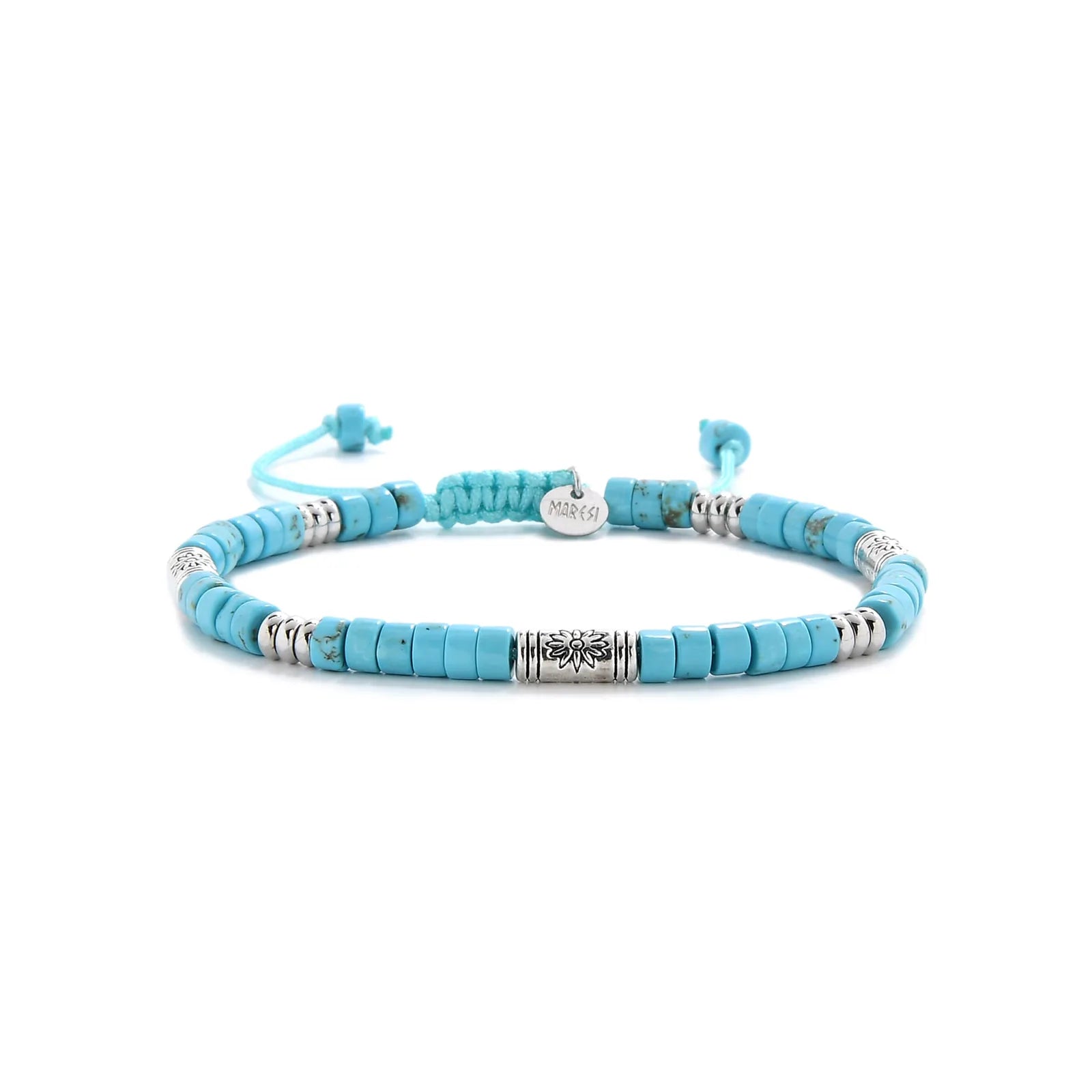Bracelet of Clay shown in full view with turquoise clay beads with engraved silver spacers and adjustable cord