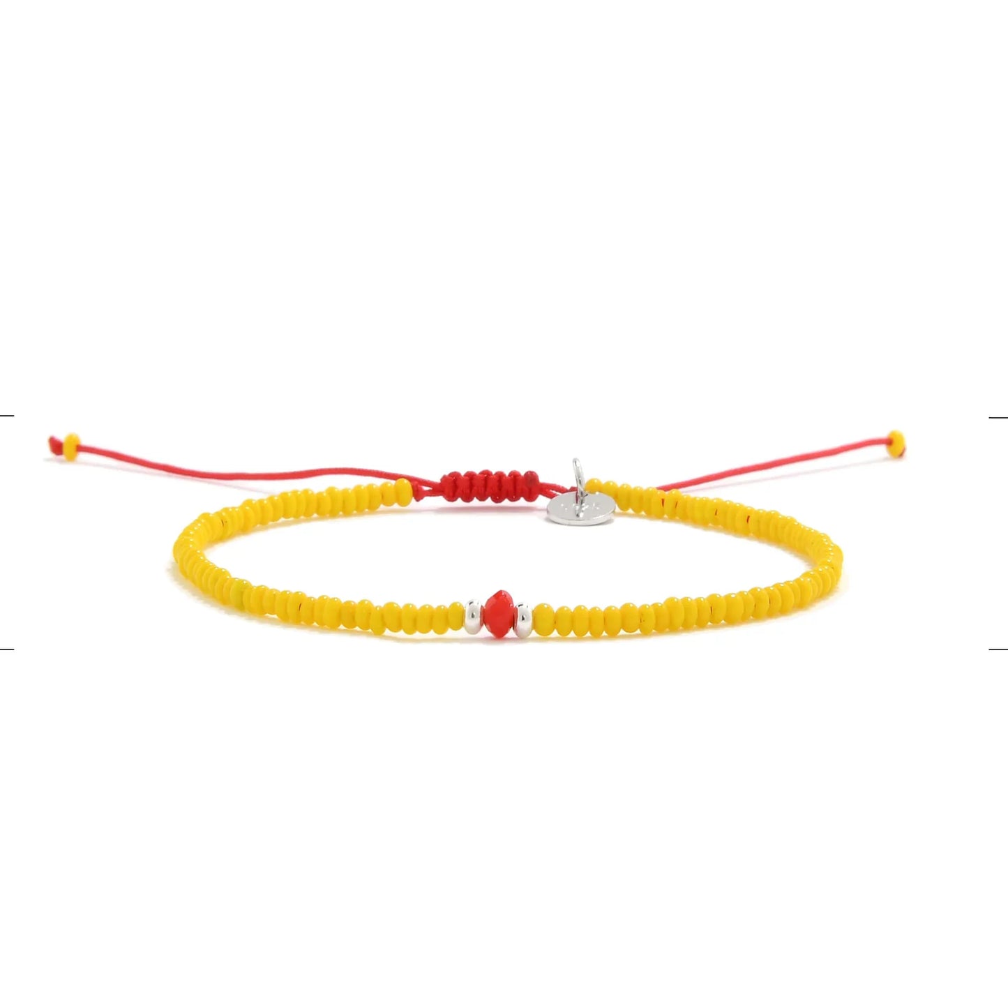 Bracelet with Glass Beads shown in full view with yellow seed beads with red glass accents and adjustable cord