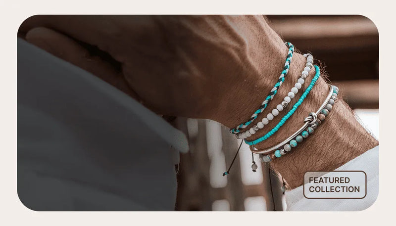 bracelet set turquoise and white beads on mans hand