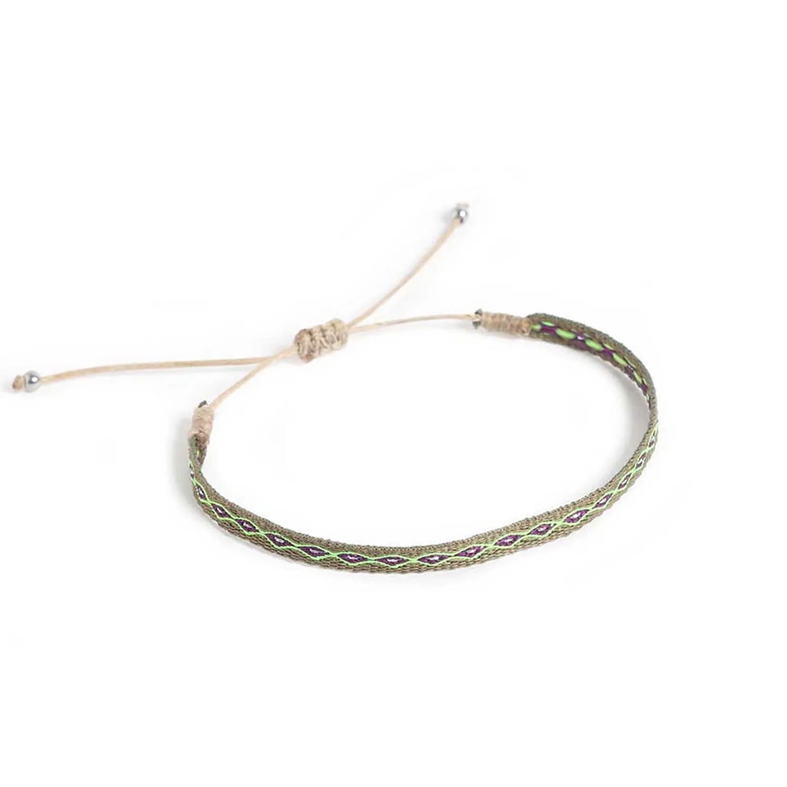 Braided Bracelet shown from above with olive patterned band and sliding knot cord closure