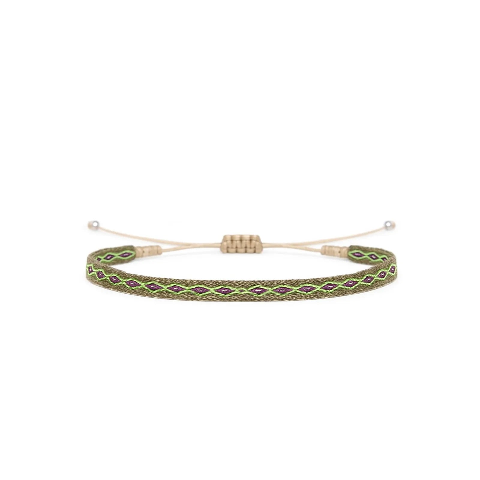 Braided Bracelet in olive with green and purple diamond pattern, beige cord, and silver bead ends