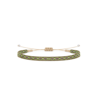 Braided Bracelet in olive with green and purple diamond pattern, beige cord, and silver bead ends