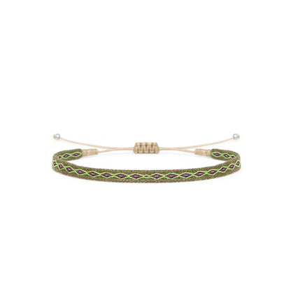 Braided Bracelet in olive with green and purple diamond pattern, beige cord, and silver bead ends