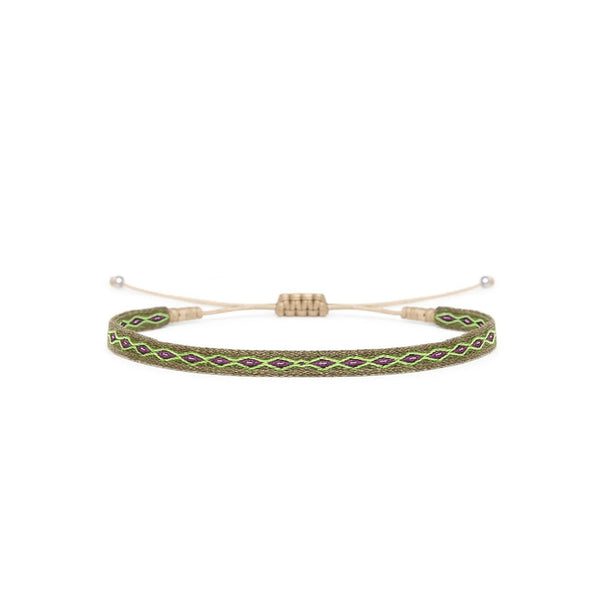 Braided Bracelet in olive with green and purple diamond pattern, beige cord, and silver bead ends