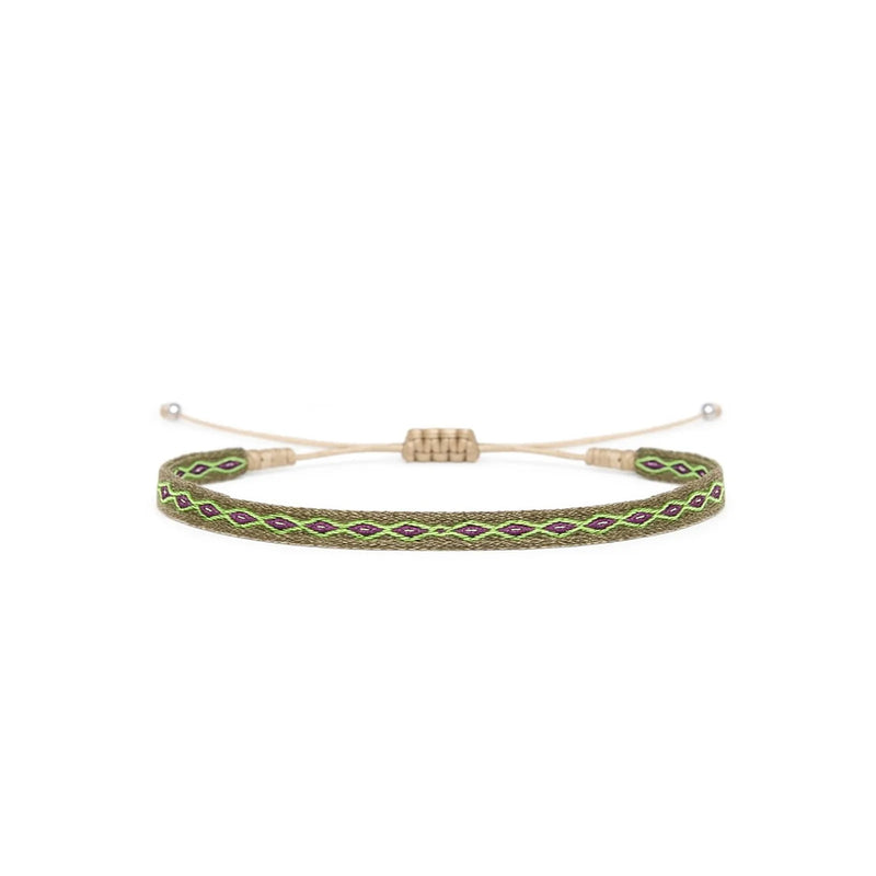 Braided Bracelet in olive with green and purple diamond pattern, beige cord, and silver bead ends