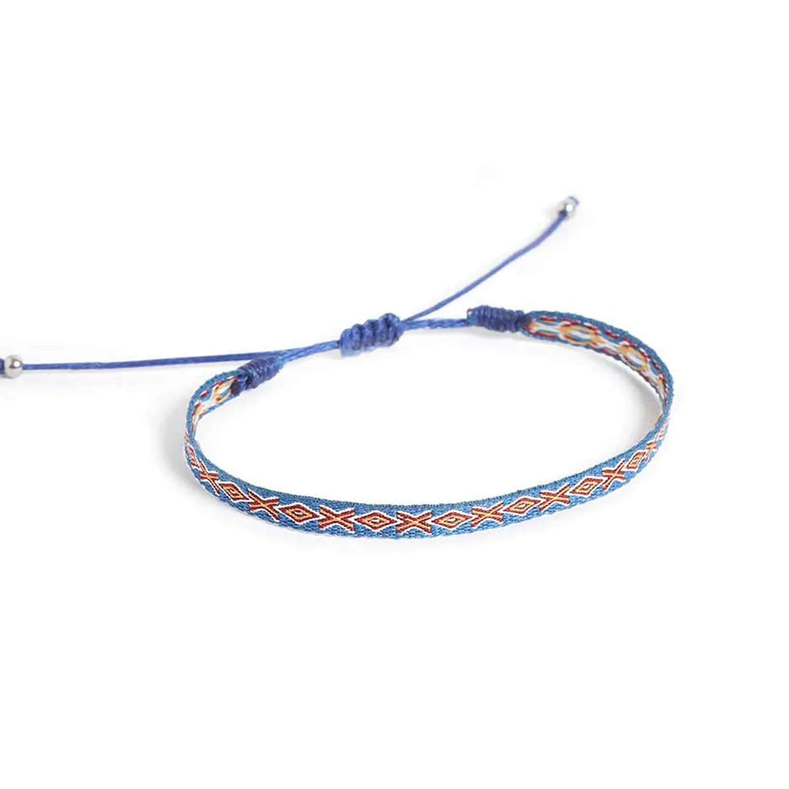 Braided Bracelets shown from above with blue patterned band and matching sliding knot closure