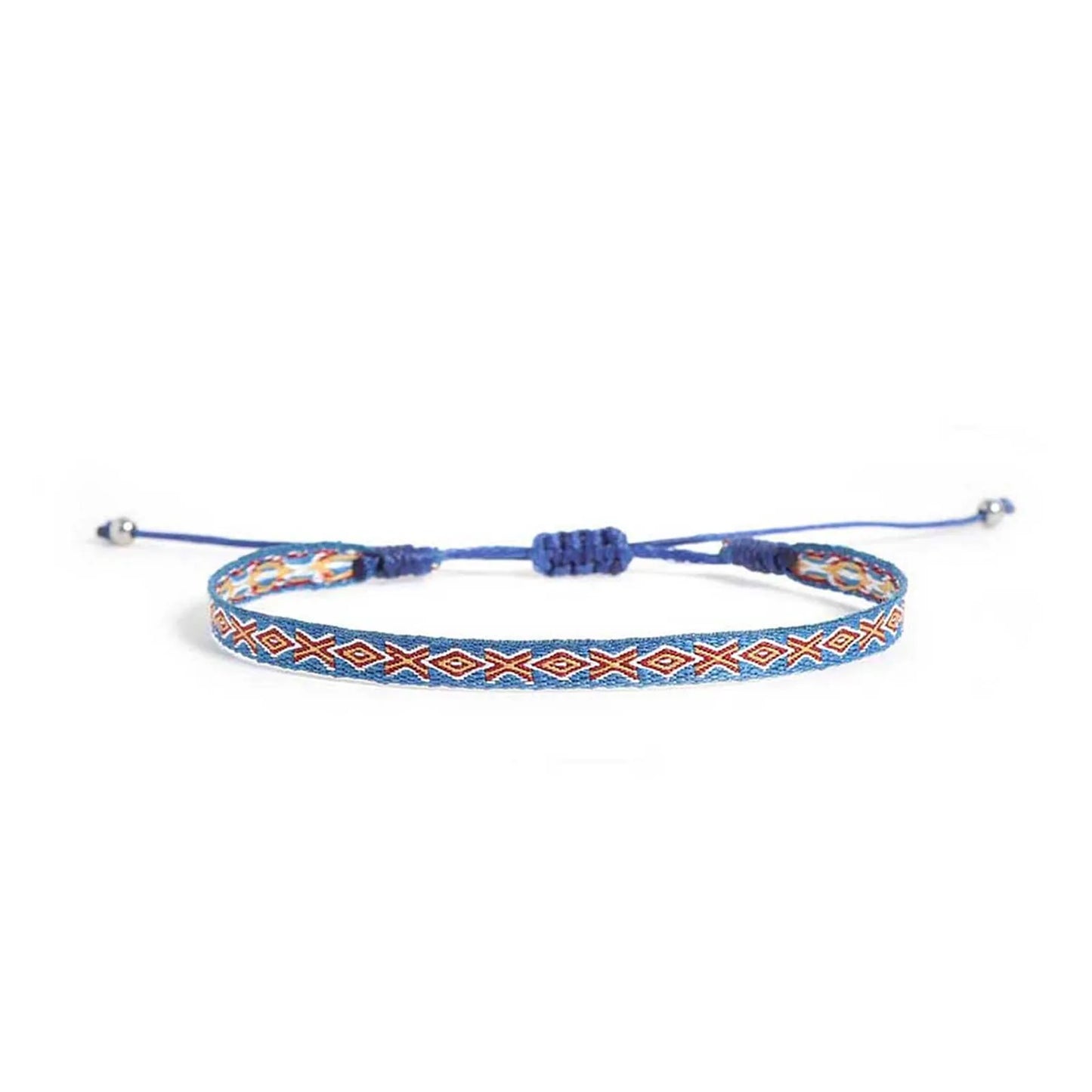 Braided Bracelets style in blue with red and cream diamond pattern, blue cord, and silver bead ends