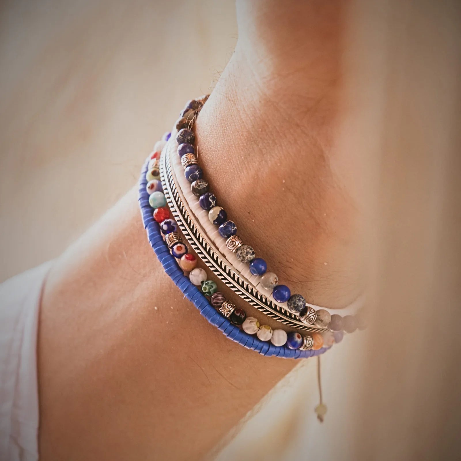 Bundle of Bracelets bracelet worn on wrist with stone beads and metal accents