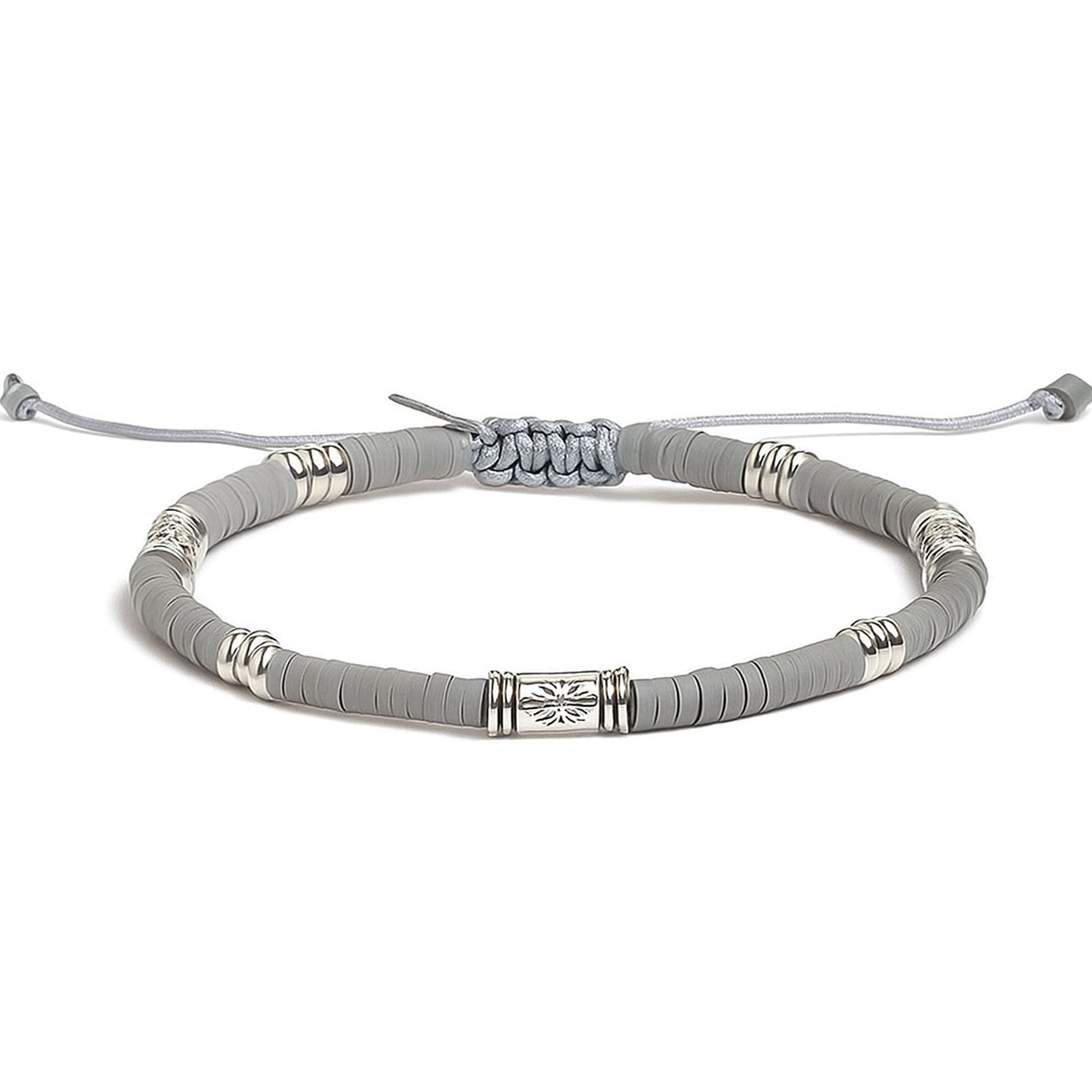 Front view of CANUS shamballa bracelet featuring gray clay beads and silver engraved spacers

