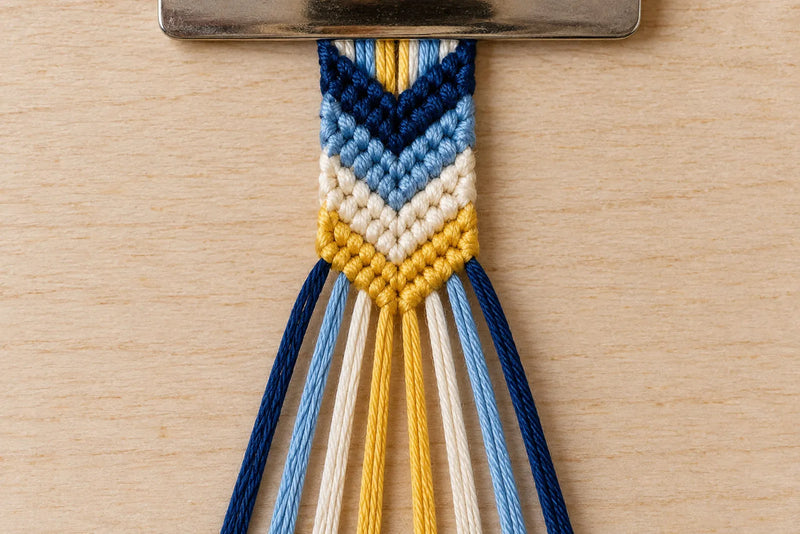 Chevron bracelet close-up on a clipboard, with navy, light blue, ivory, and yellow V-shaped rows and loose floss.