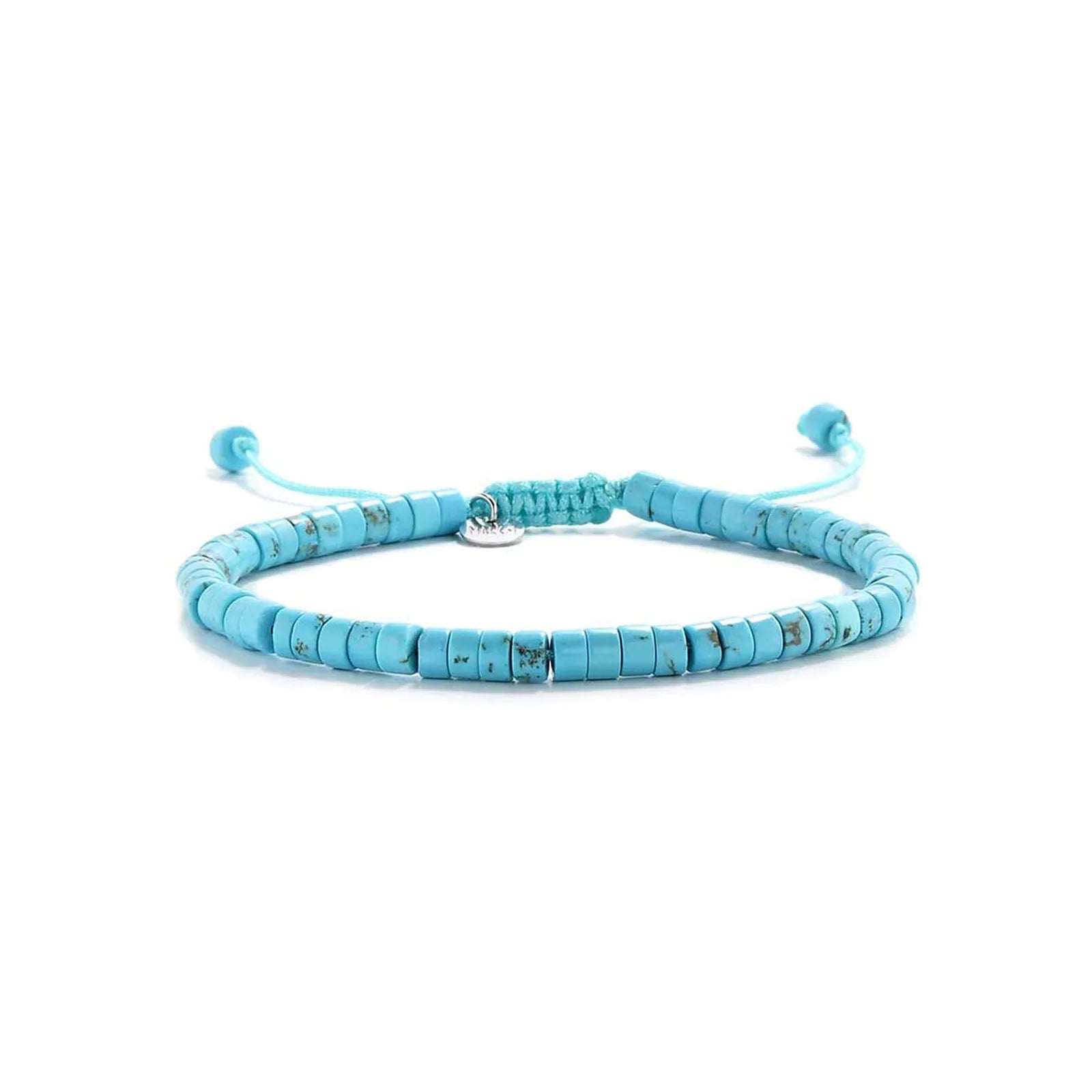 Clay Beads Bracelet shown in full view with turquoise clay beads with silver charm and adjustable cord