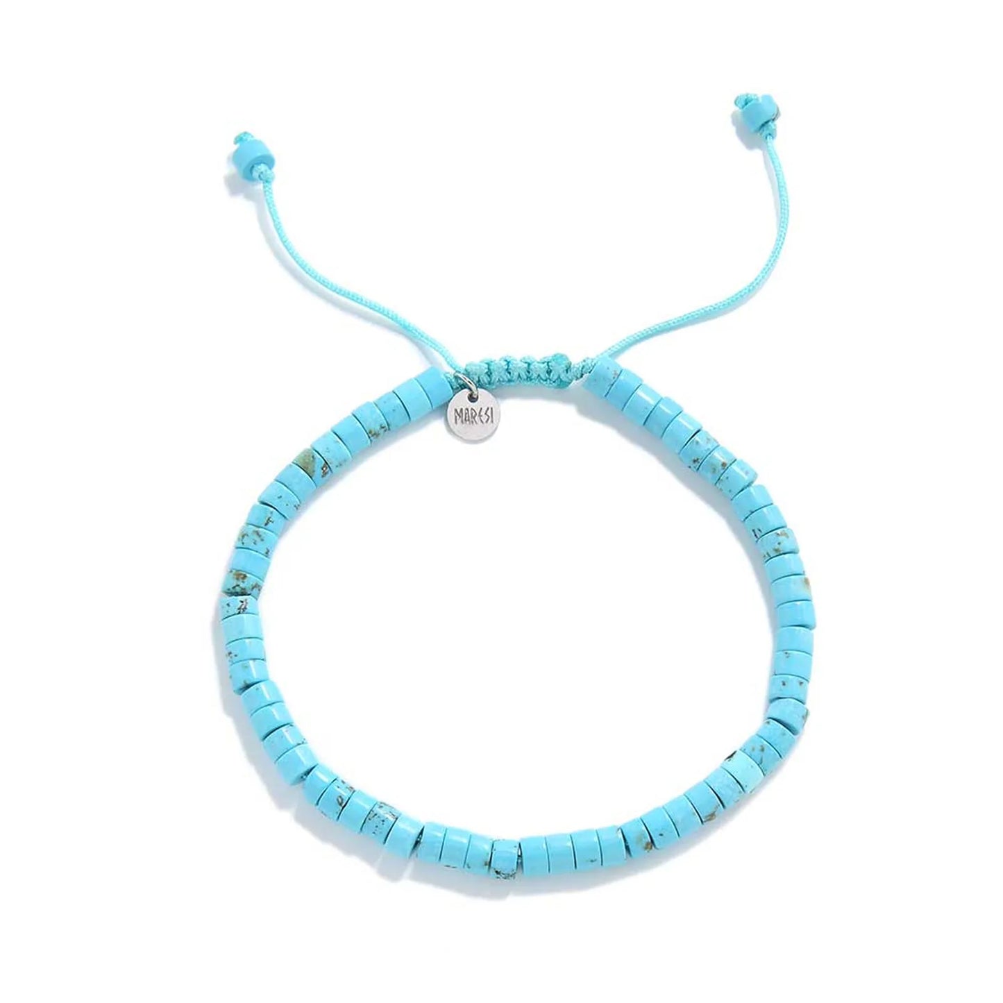 Clay Beads Bracelet shown from above with turquoise clay beads with silver charm and round bracelet shape