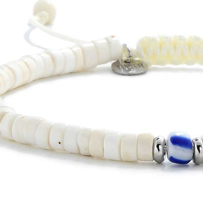 Detailed close-up of mens white bracelet showing matte clay beads and blue centerpiece