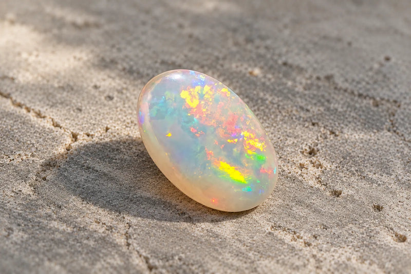 Oval milky opal with yellow, green, orange, and blue flashes on pale stone