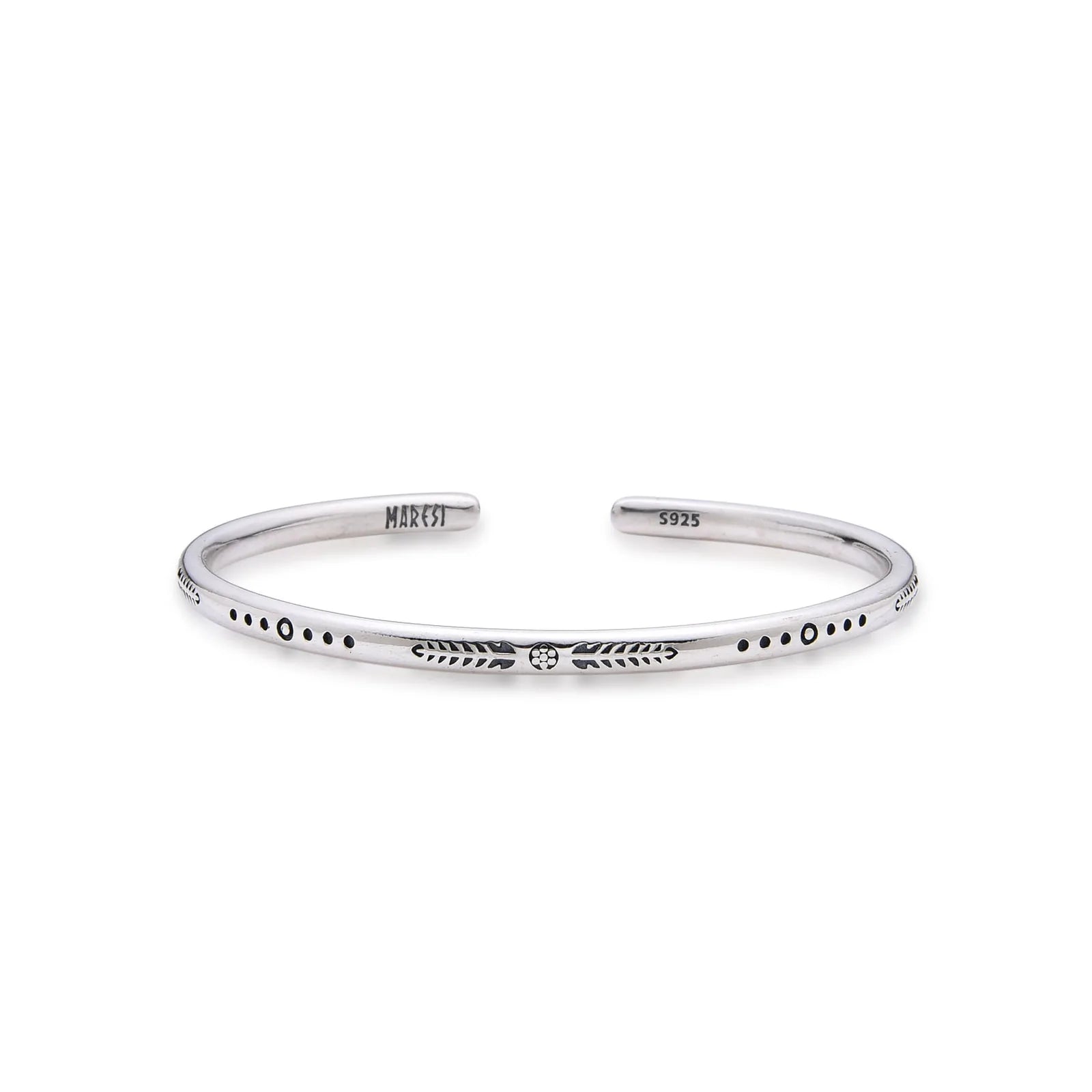 Cuff Bracelet for Men with arrow, dot, and leaf engravings on a polished open band