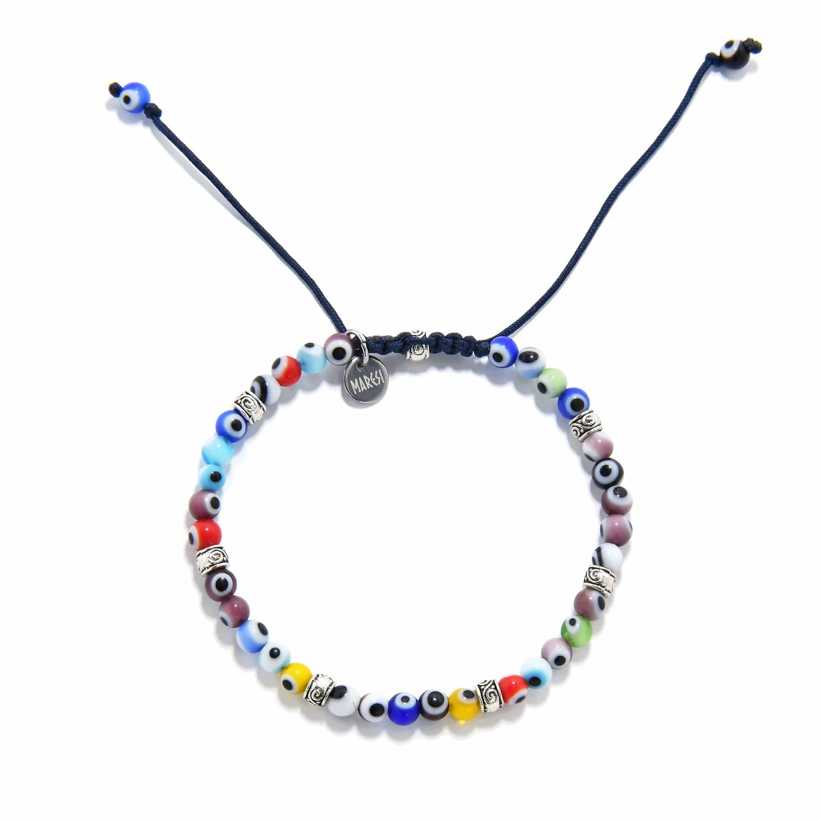 Evil Eye Bracelet for Men top view with round beads, charm, and adjustable cord