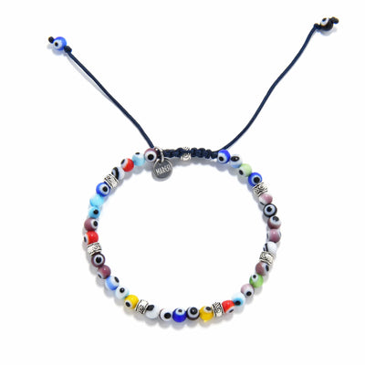 Evil Eye Bracelet for Men top view with round beads, charm, and adjustable cord