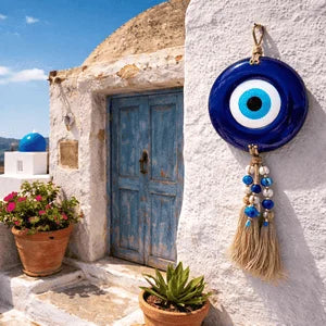 Mediterranean evil eye charm hanging on traditional Greek blue door, inspiration for men's beaded bracelets design