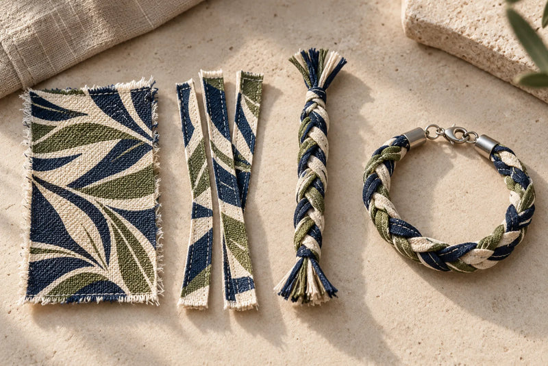 Navy, olive, and cream printed fabric, cut strips, a braid sample, and a finished clasp bracelet