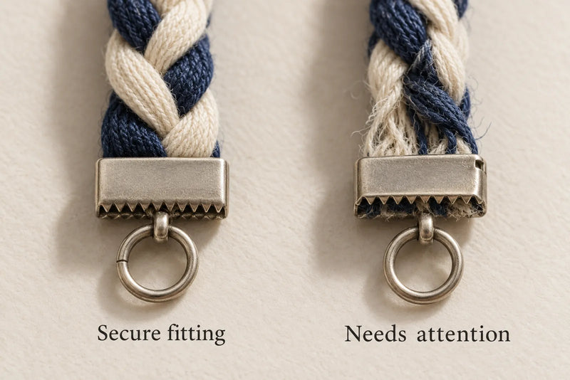 Side-by-side close-ups of an intact braided bracelet end fitting and frayed fibers at a loosening clamp