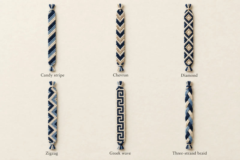 Friendship bracelet pattern comparison showing candy stripe, chevron, diamond, zigzag, Greek wave and braid.