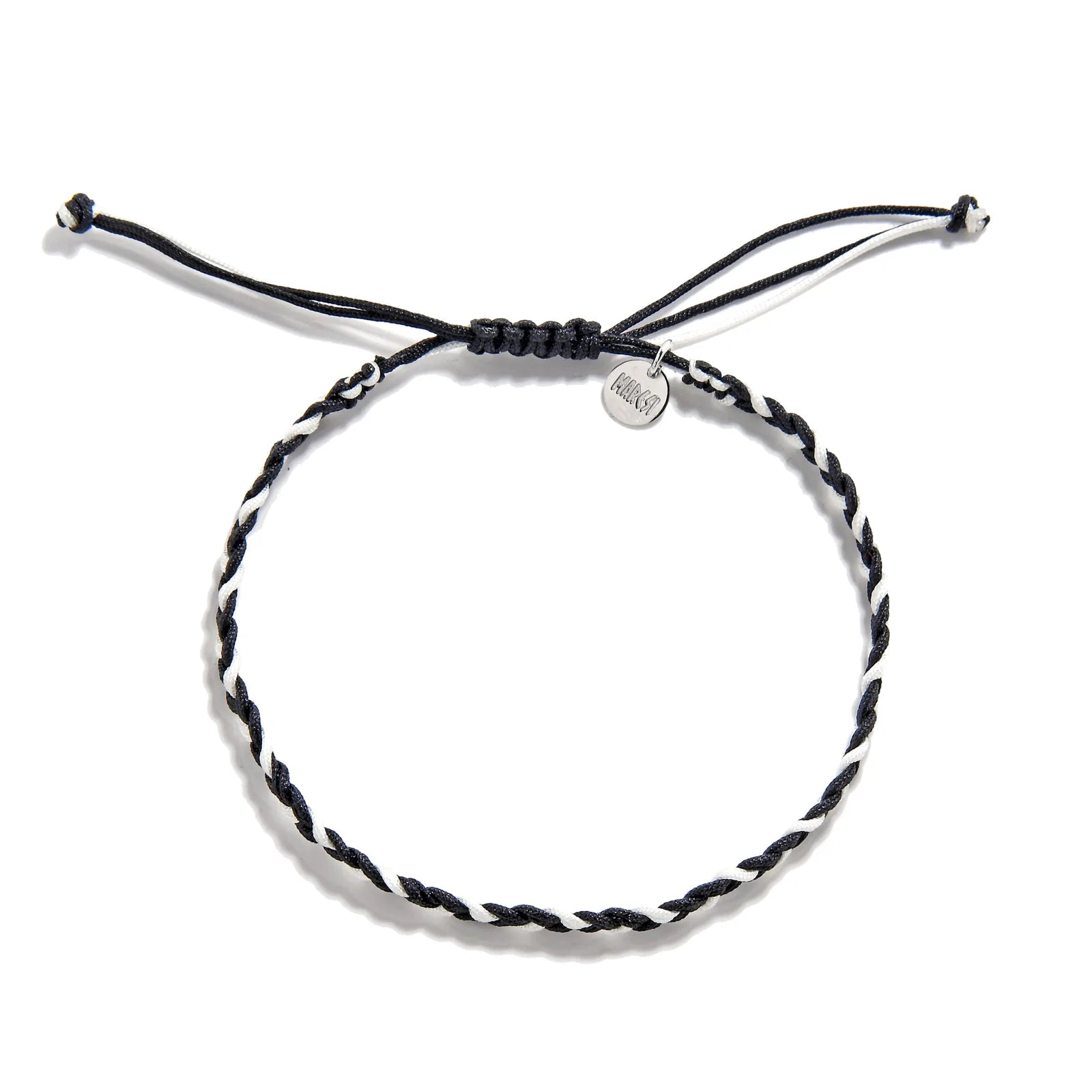 Friendship Woven Bracelet flat lay showing round woven cord and Maresi charm tag